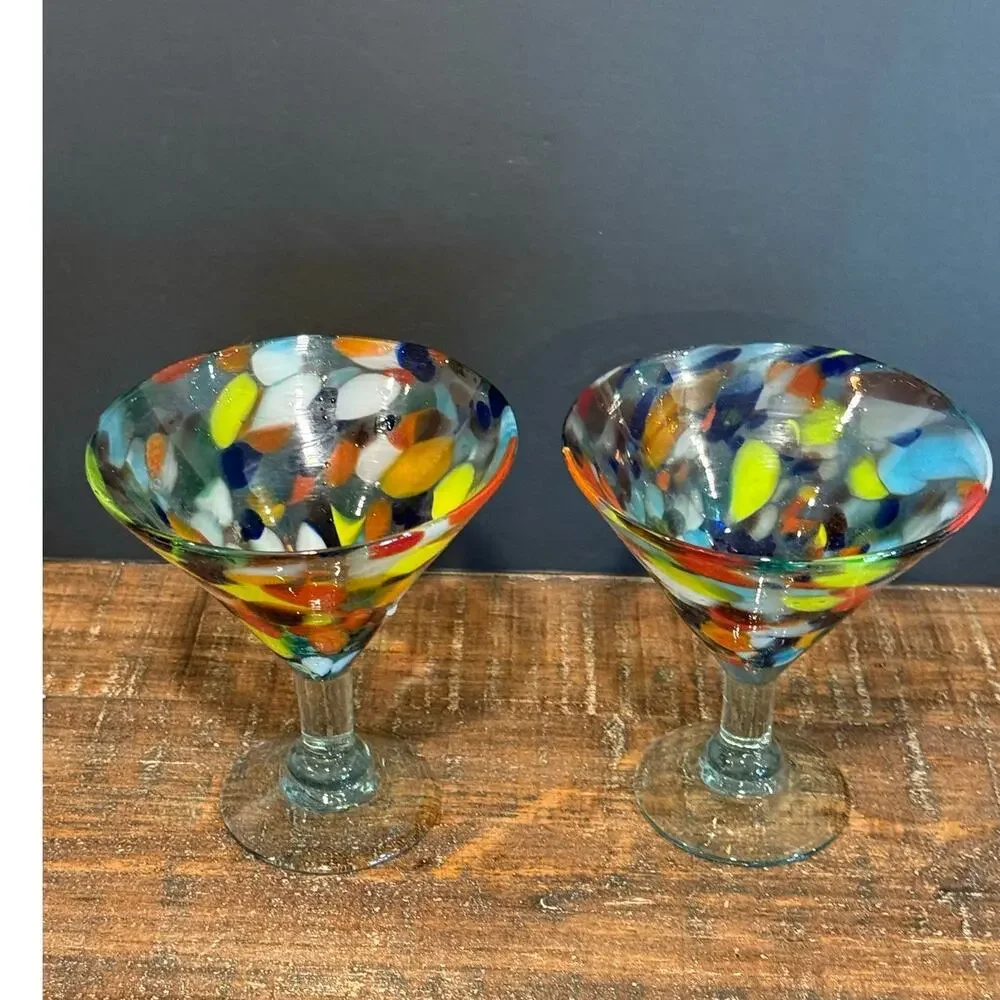 Set‎ of 2 Mexican Hand Blown Confetti Margarita Glasses Artisan Glass Barware